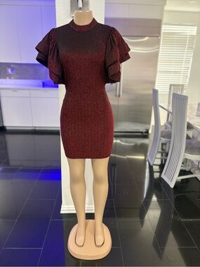 Glitter Burgundy Puff-Sleeve Mini Dress